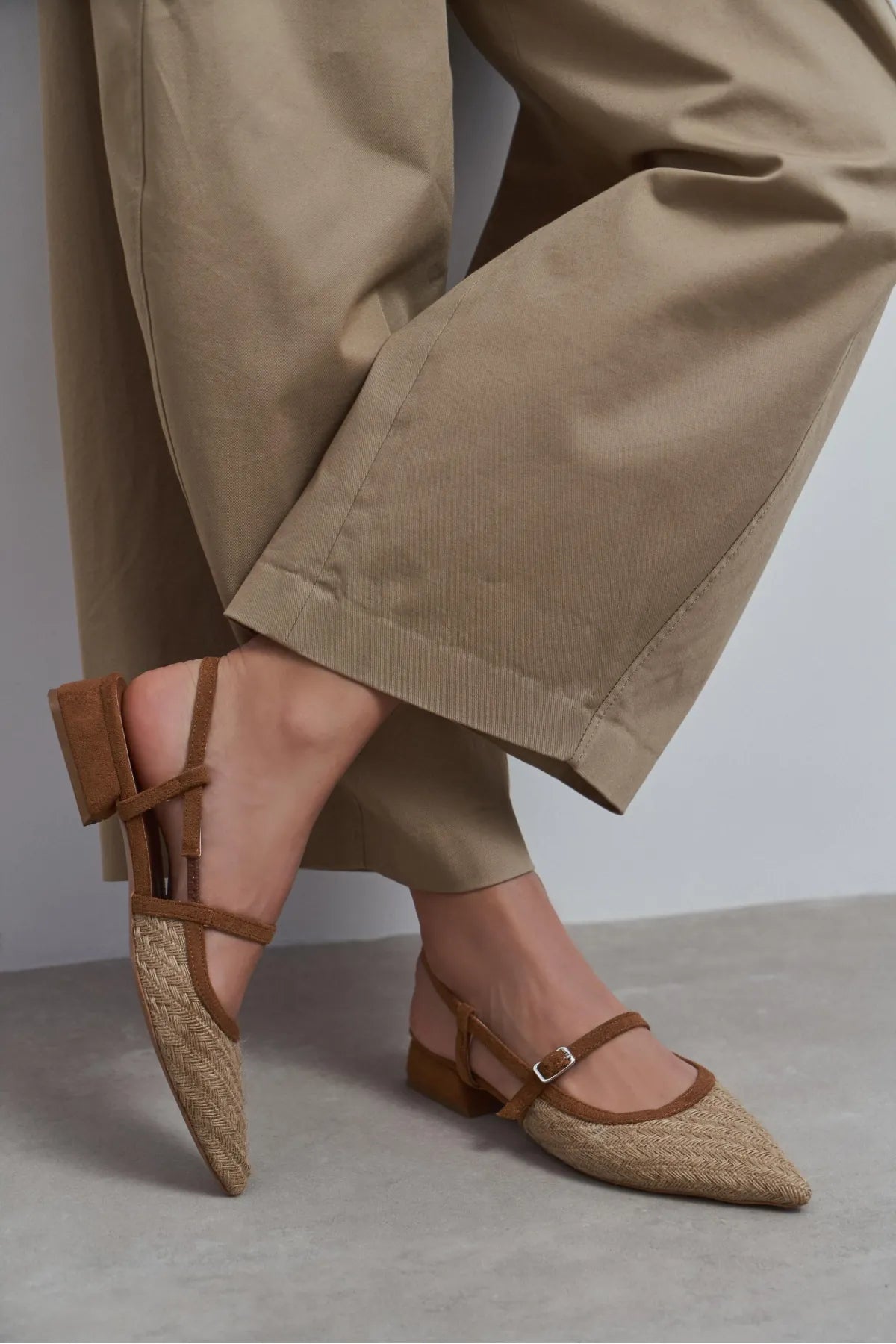 X-HARMONY Tan Straw Pointed Toe Buckle Detail Women’s Low Heel Ballet Shoes
