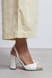 SOLEA White Matte Slingback Heels with Gold Toe Detail