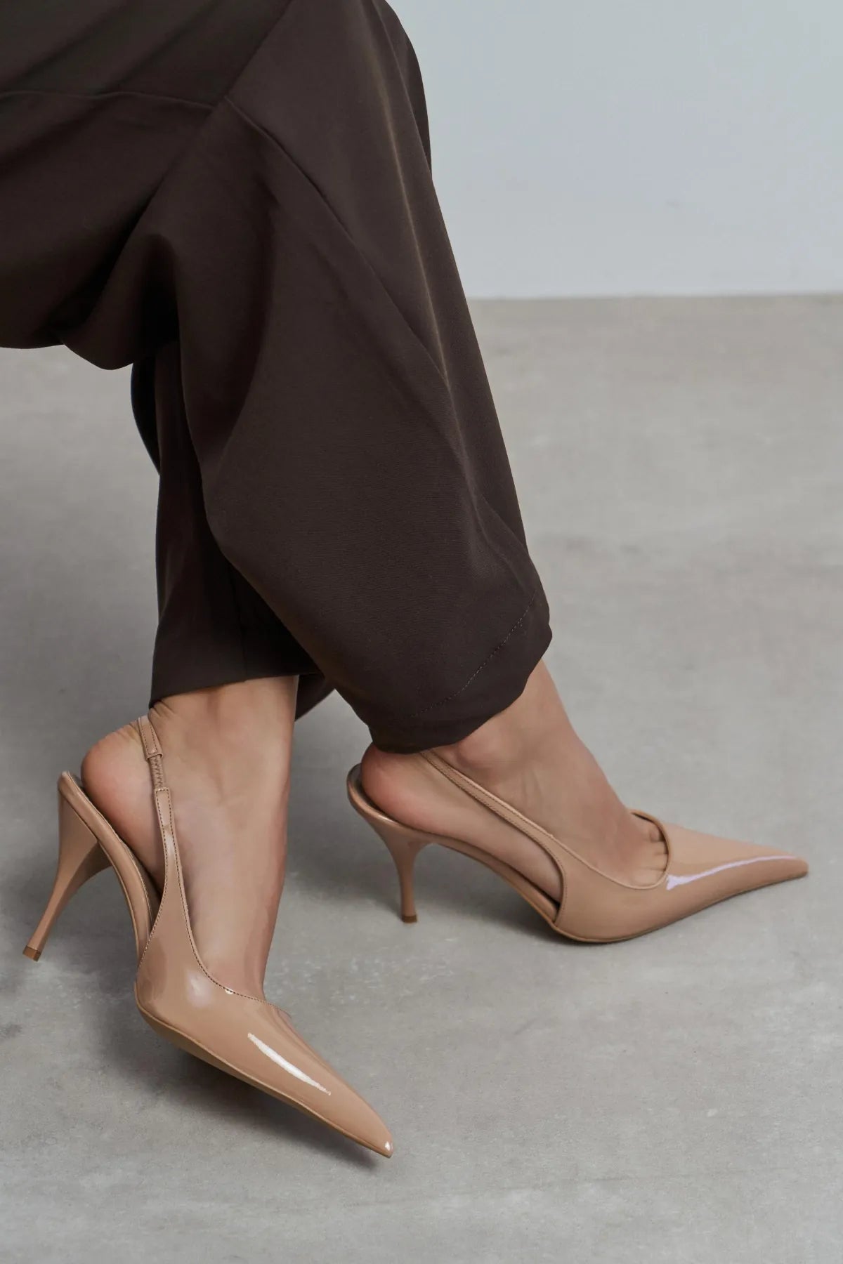 MEHRU Dark Beige Patent Buckle Detail Pointed Toe Women’s Heels