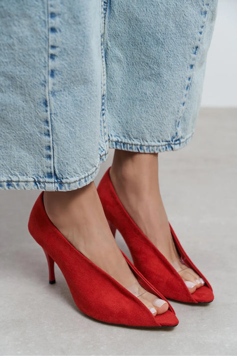 PO Red Suede Pointed Toe Women’s Heels with Transparent Detail