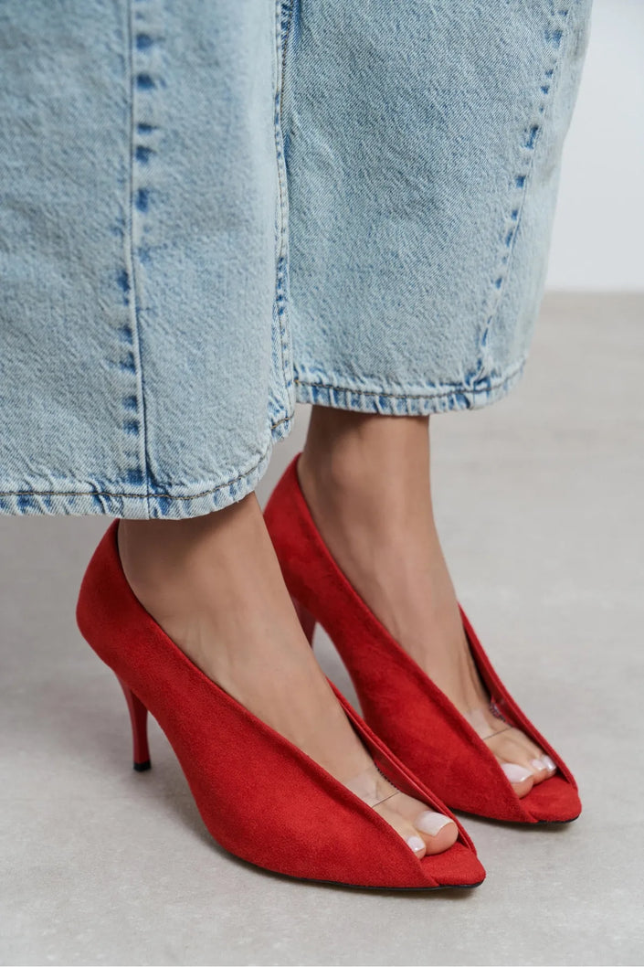 PO Red Suede Pointed Toe Women’s Heels with Transparent Detail