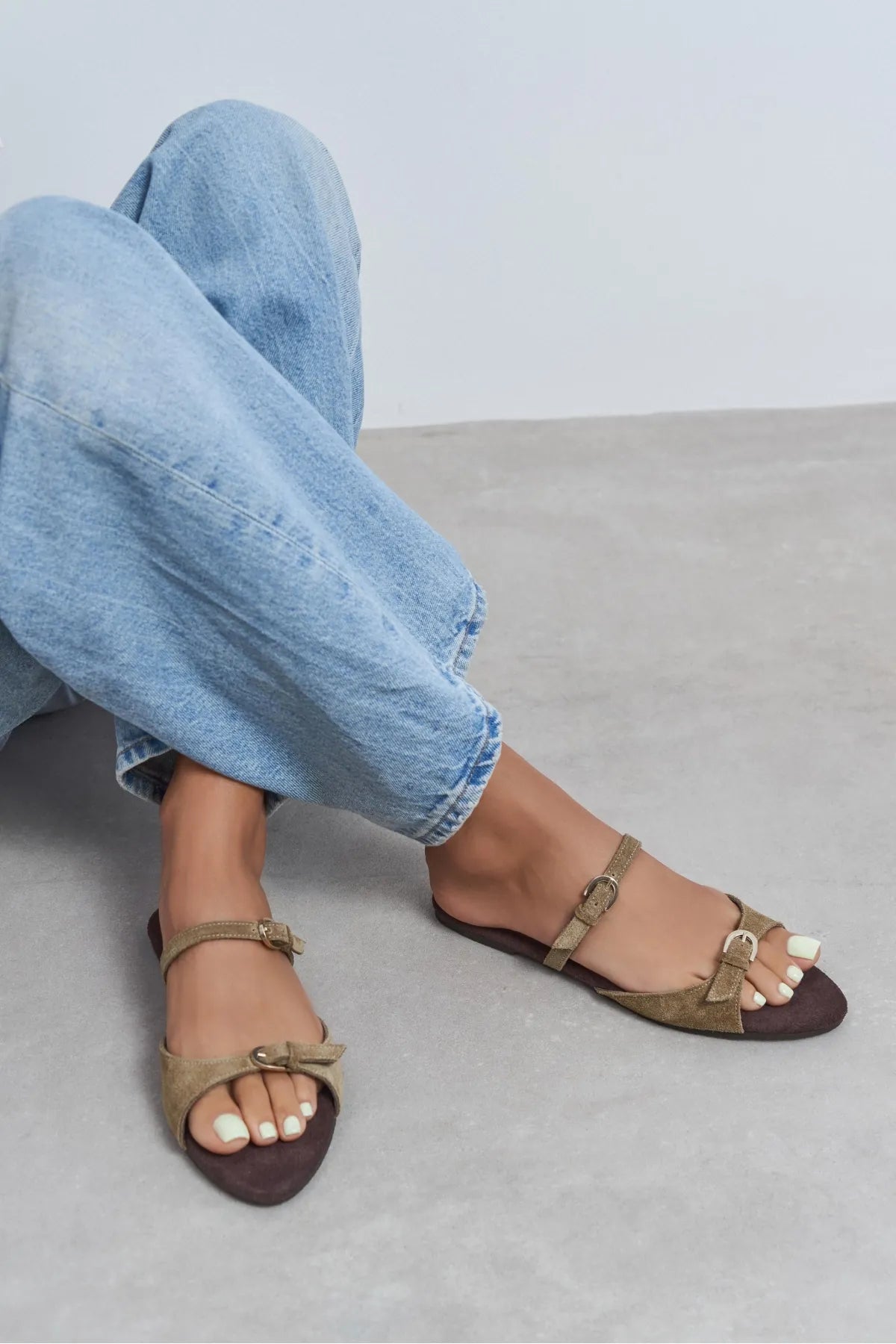 CALINA Rome Beige Suede Double Buckle Women's Flat Slippers
