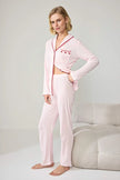 Pink 100% Cotton Piping Detail Cherry Embroidered Pointelle/Ribbed Knit Pajama Set