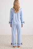 Blue Bow Detail Viscose Woven Pajama Set