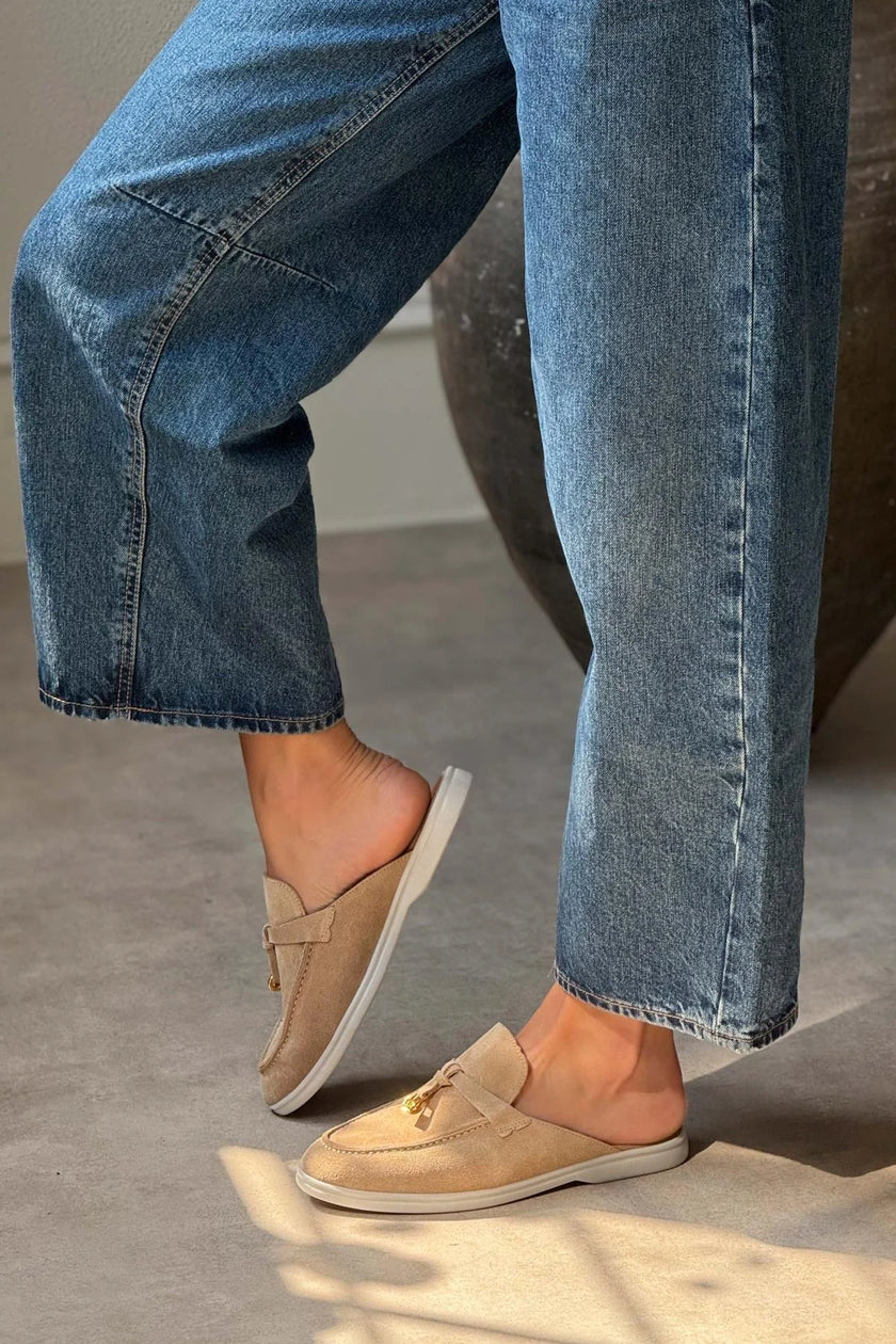 Most Nude Suede Genuine Leather Tassel Detail Flat Sole Women's Slippers
