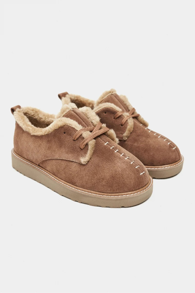 LUSHA Desert Dark Beige Genuine Suede Leather Fur-Lined Lace-Up Shoes – 2 cm