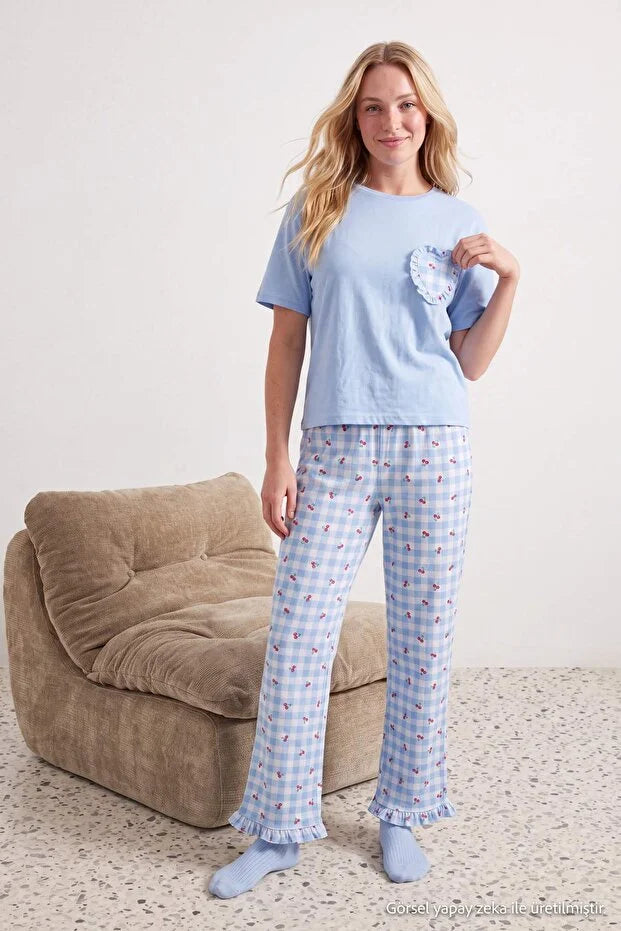 Blue 100% Cotton Cherry & Plaid Ruffle Knit Pajama Set