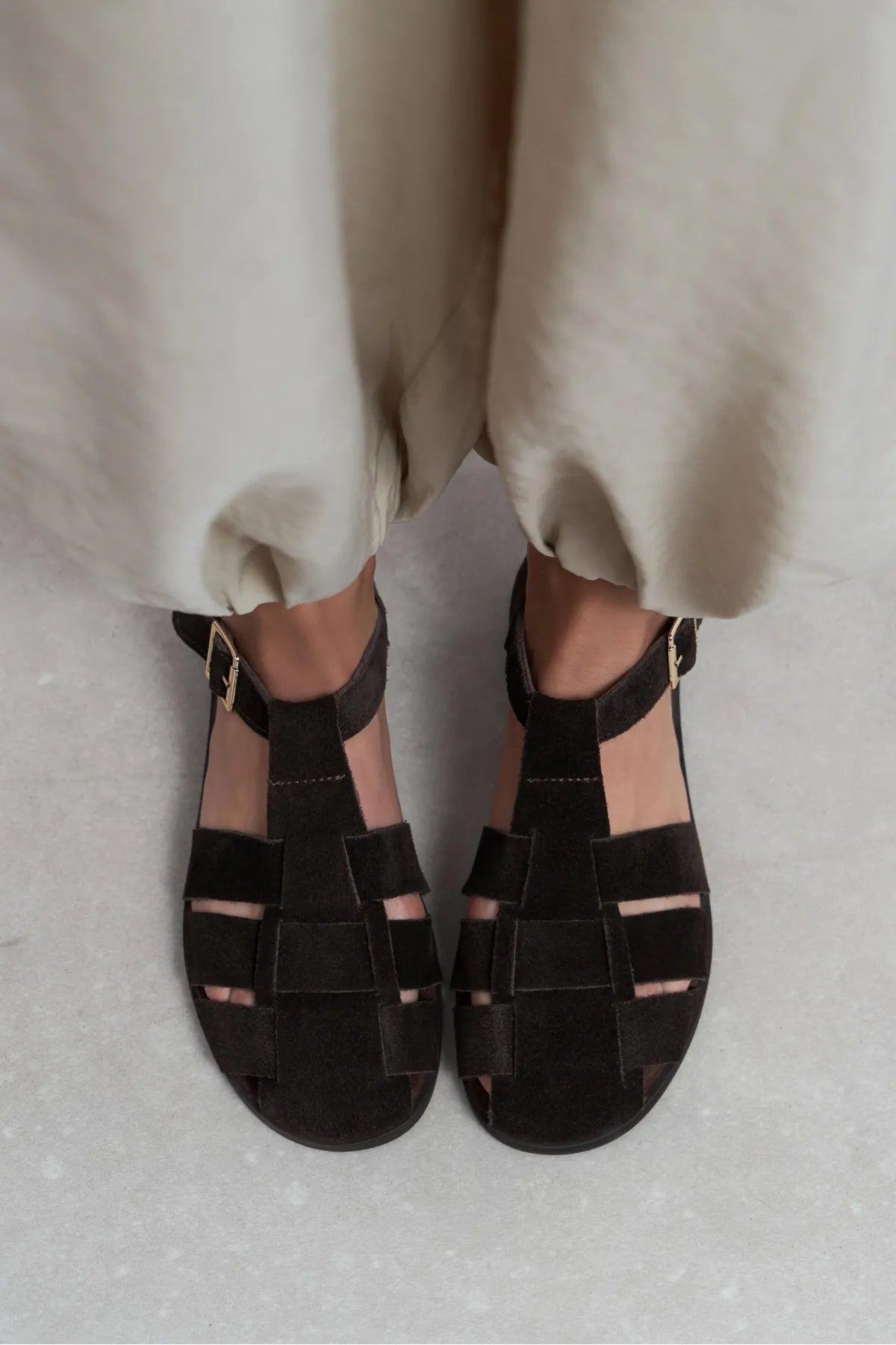 MARCEL Coffee Suede Genuine Leather Buckle Detail Women’s Flat Sandals