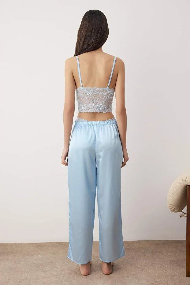 Light Blue Plain Lace Satin Weave Pajama Set