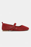 TITI Red Suede Leather Studded Buckle Detail Flat Women's Ballet Flats