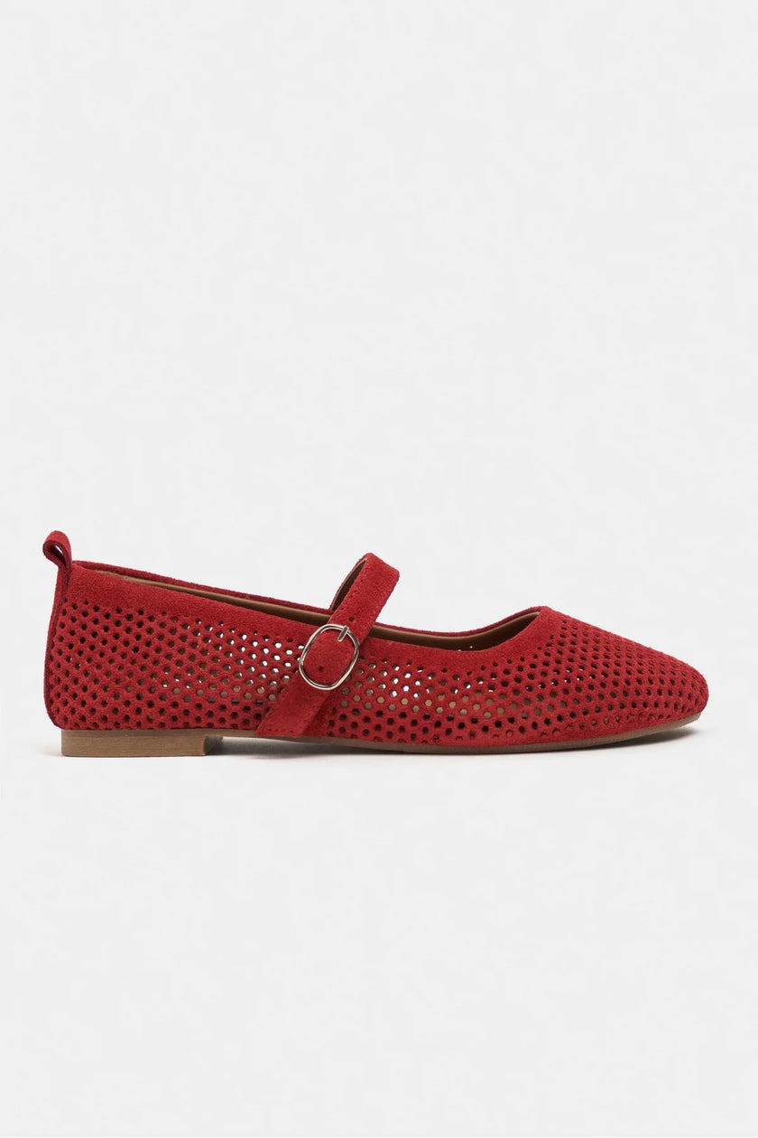 TITI Red Suede Leather Studded Buckle Detail Flat Women's Ballet Flats