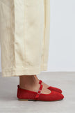 TITI Red Suede Leather Studded Buckle Detail Flat Women's Ballet Flats