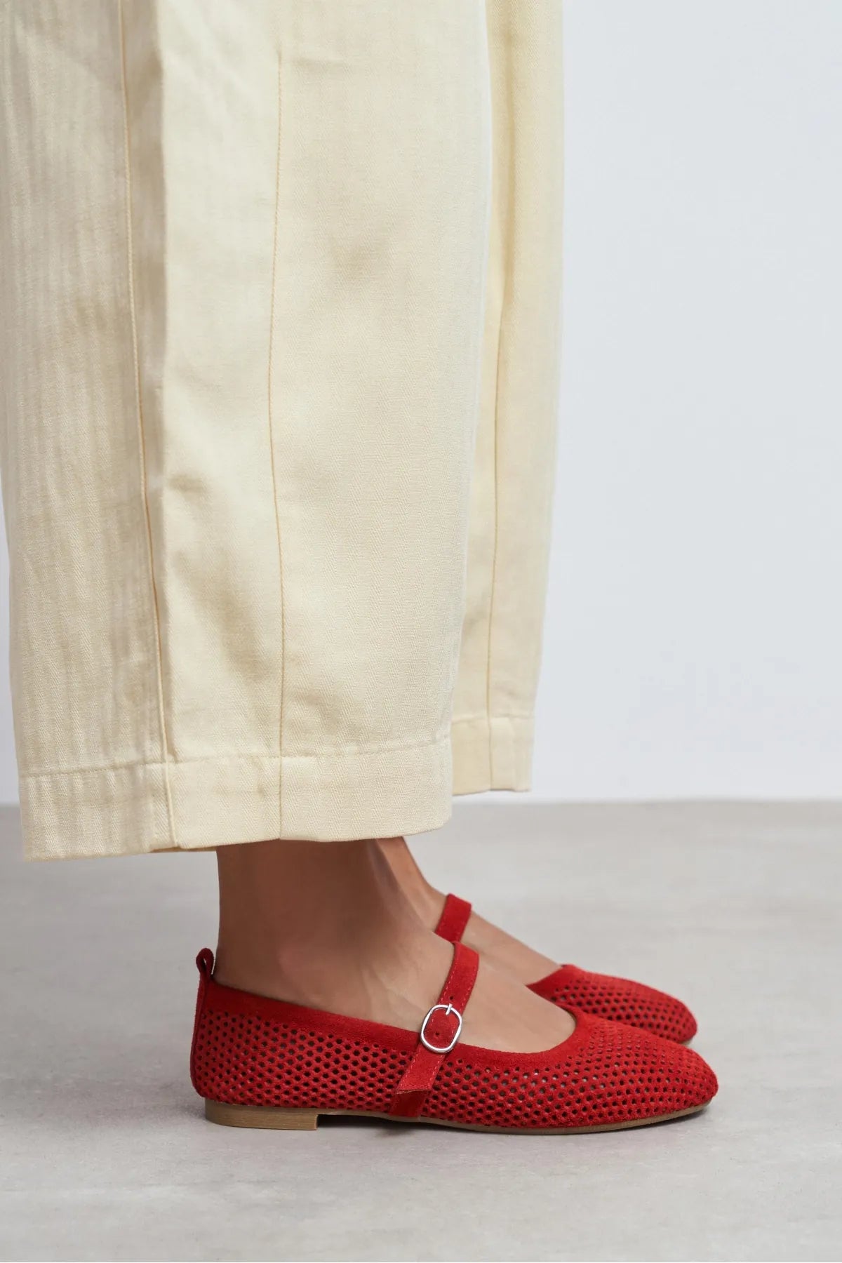 TITI Red Suede Leather Studded Buckle Detail Flat Women's Ballet Flats