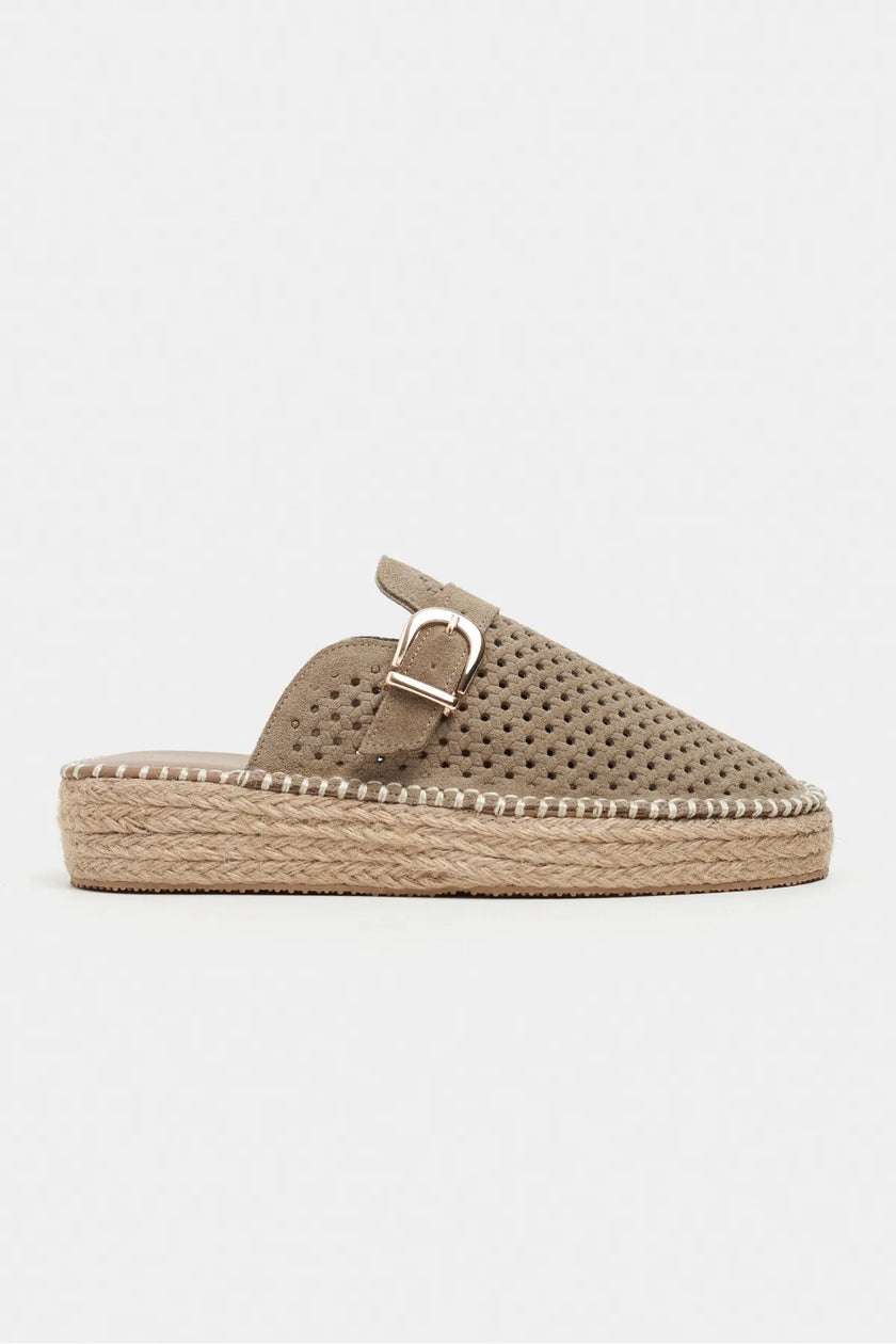 MAREN Rome Beige Suede Leather Laser-Cut Buckle Detail Wedge Sole Women's Espadrille Sandals