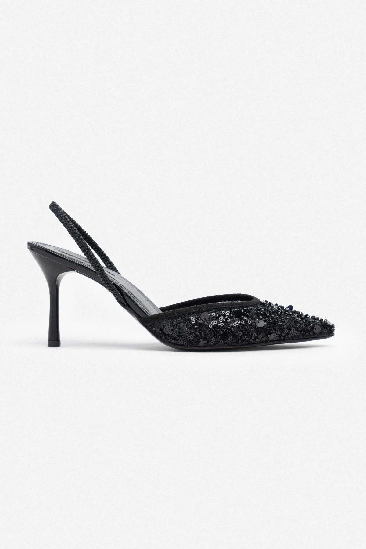 Sara Black Net Bead Detailed Pointed Toe Women's High Heel Shoes
