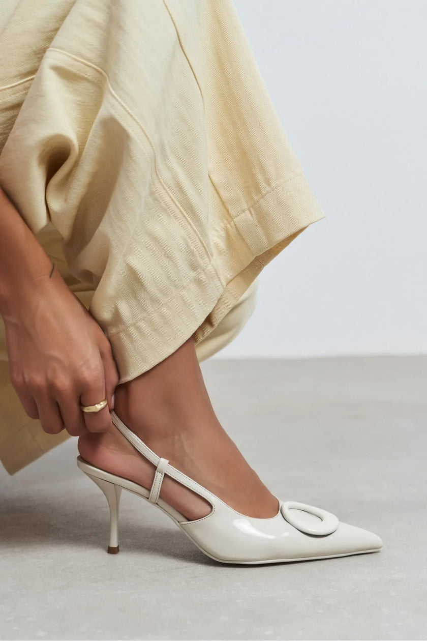 NEREID Beige Patent Leather Pointed-Toe Slingback Women's Heels