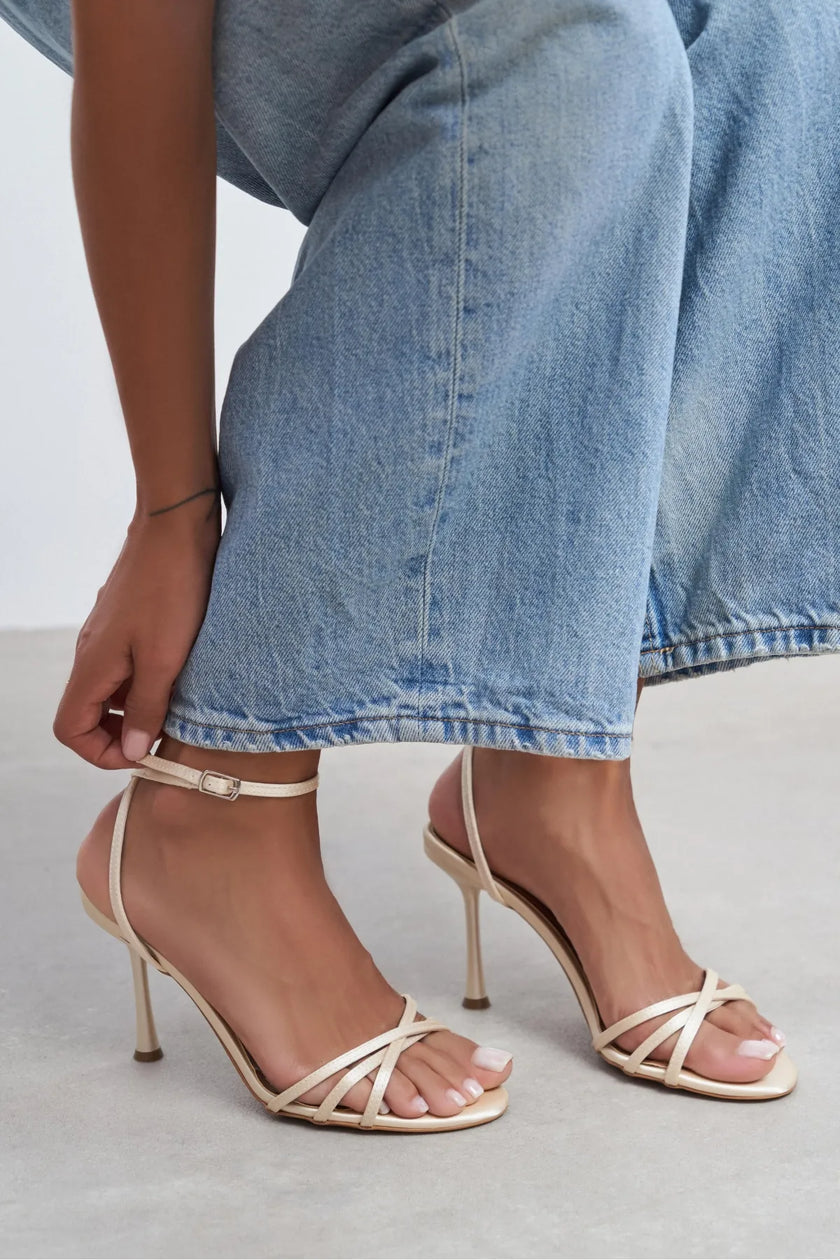 AVA Beige Satin Cross-Detail Ankle Strap Women's Heels