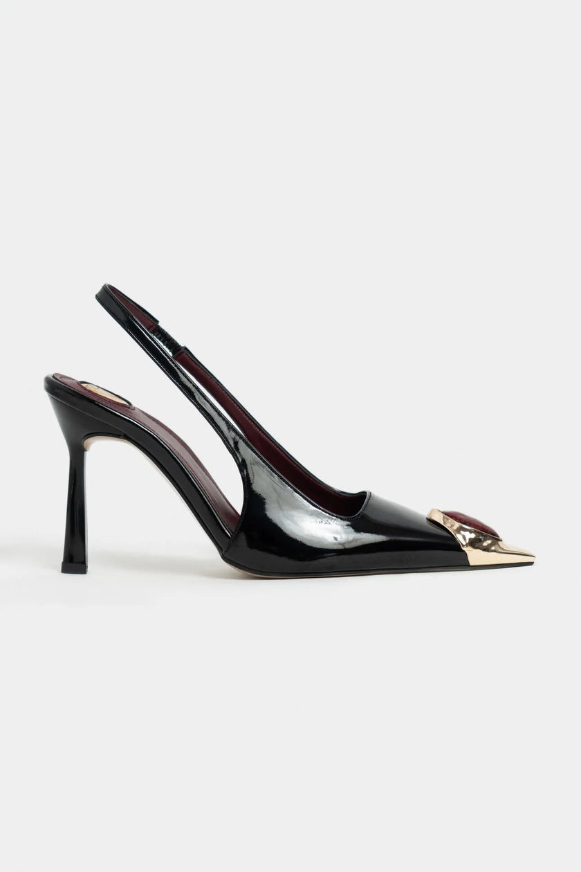 VIPER Black Patent Leather Gold Frame Stone Accessory Pointed Toe Women’s Heel Shoes