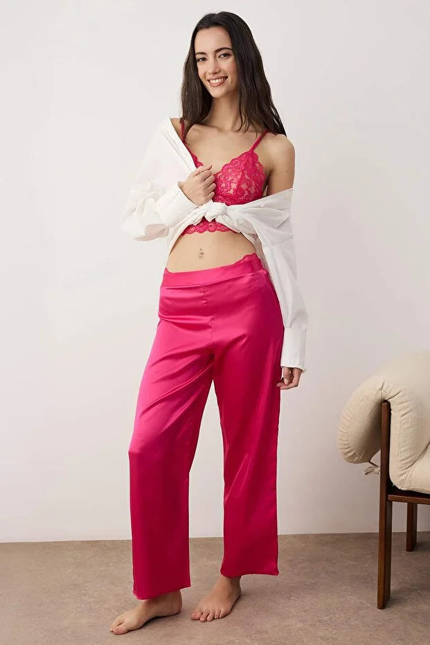 Cherry Plain Lace Satin Weave Pajama Set