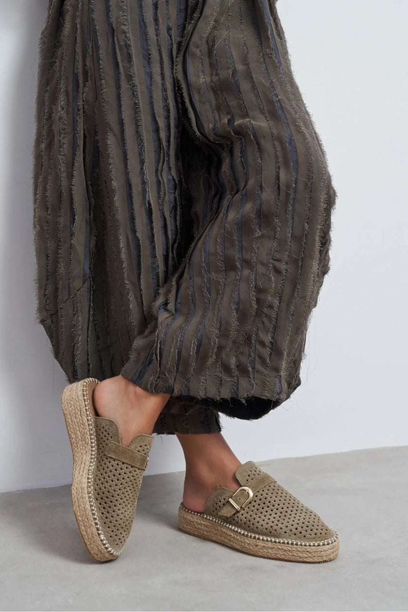MAREN Rome Beige Suede Leather Laser-Cut Buckle Detail Wedge Sole Women's Espadrille Sandals