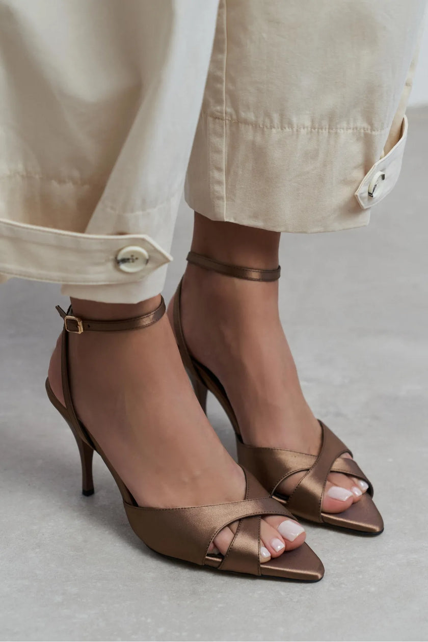 MONICA Brown Satin Ankle-Strap Detail Women’s Slim High-Heel Shoes