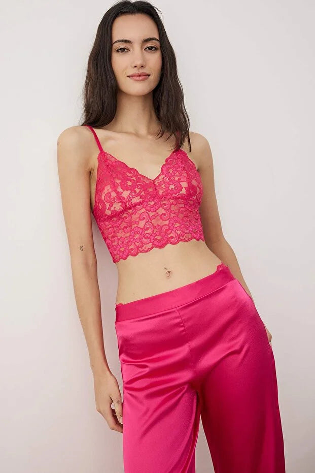 Cherry Plain Lace Satin Weave Pajama Set