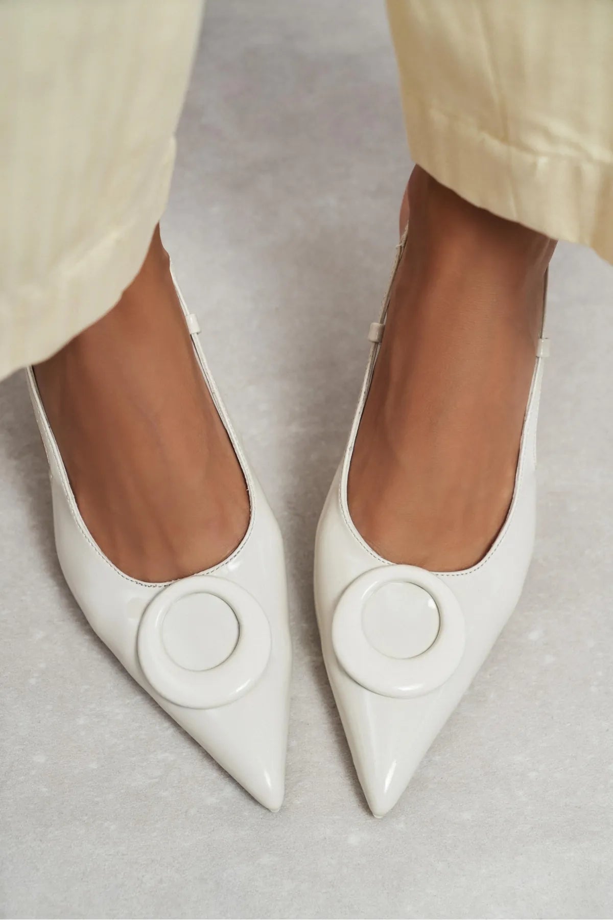 NEREID Beige Patent Leather Pointed-Toe Slingback Women's Heels
