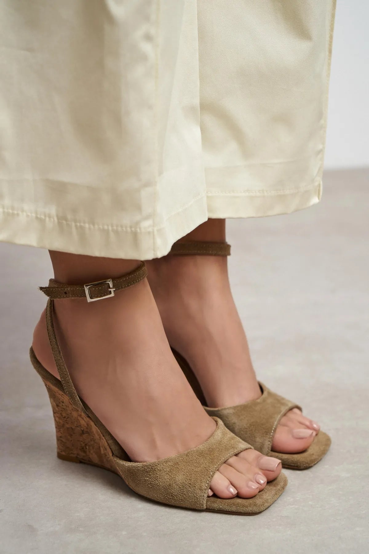 LUBY Rome Beige Suede Genuine Leather Ankle Tie Women’s Stiletto Heels