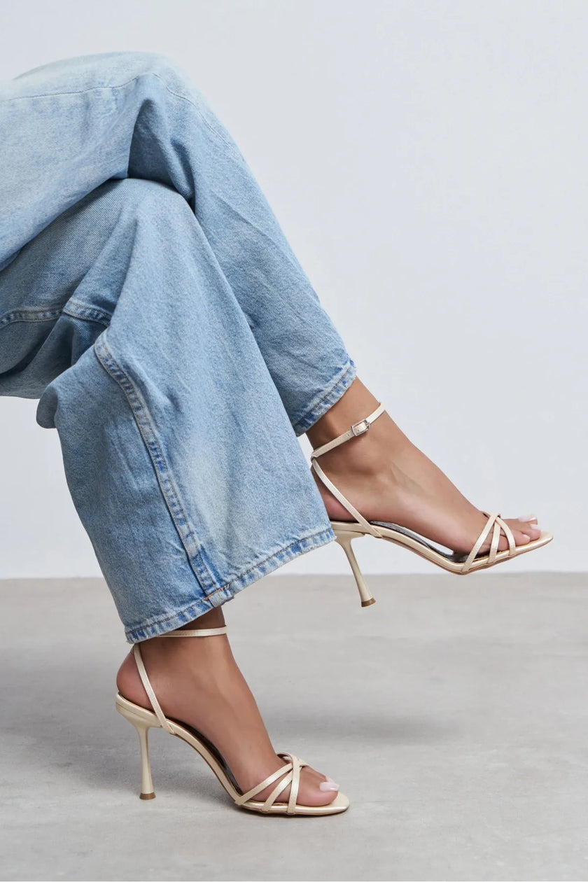 AVA Beige Satin Cross-Detail Ankle Strap Women's Heels