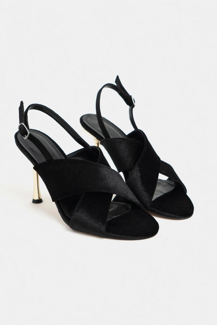 ZOYA Black Velvet Cross Strap Women’s Thin Heel Sandals