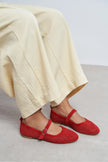 TITI Red Suede Leather Studded Buckle Detail Flat Women's Ballet Flats