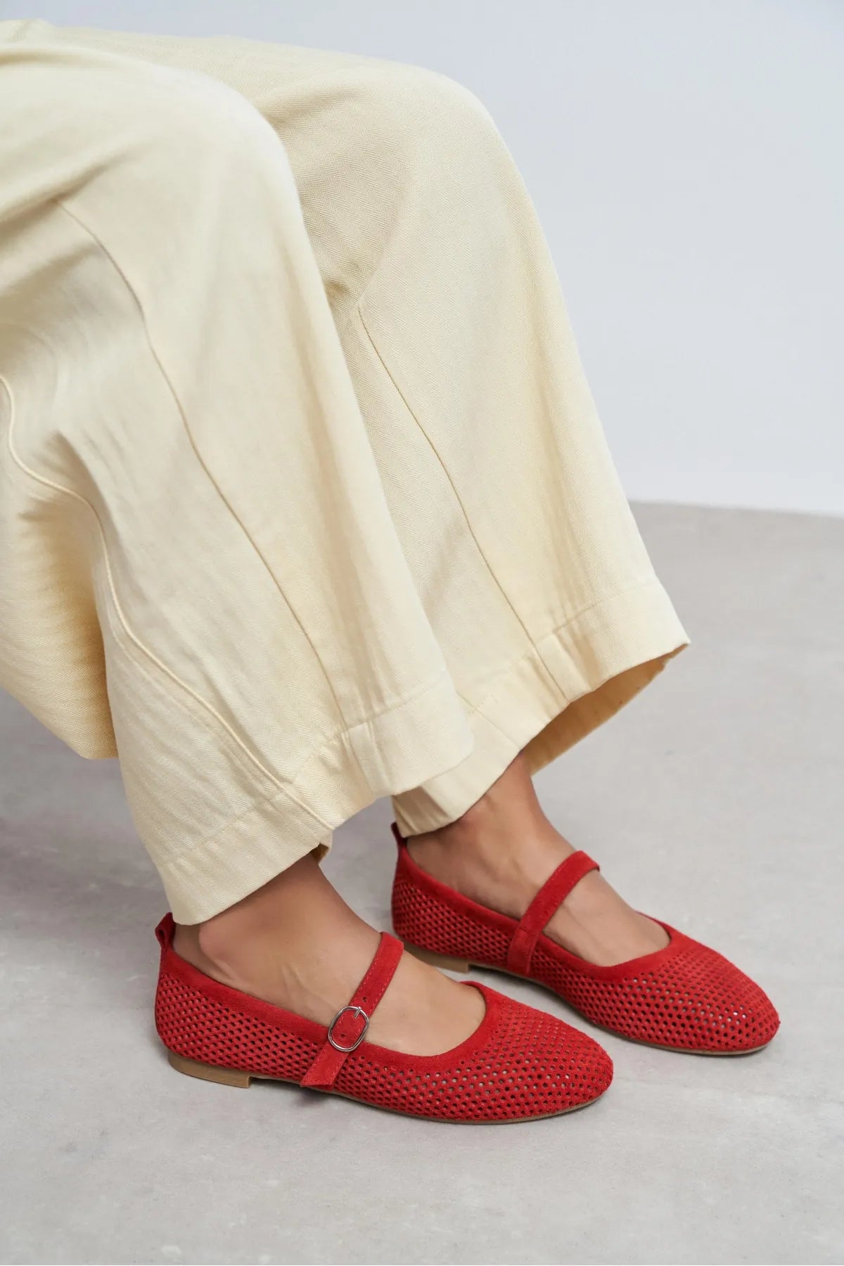 TITI Red Suede Leather Studded Buckle Detail Flat Women's Ballet Flats