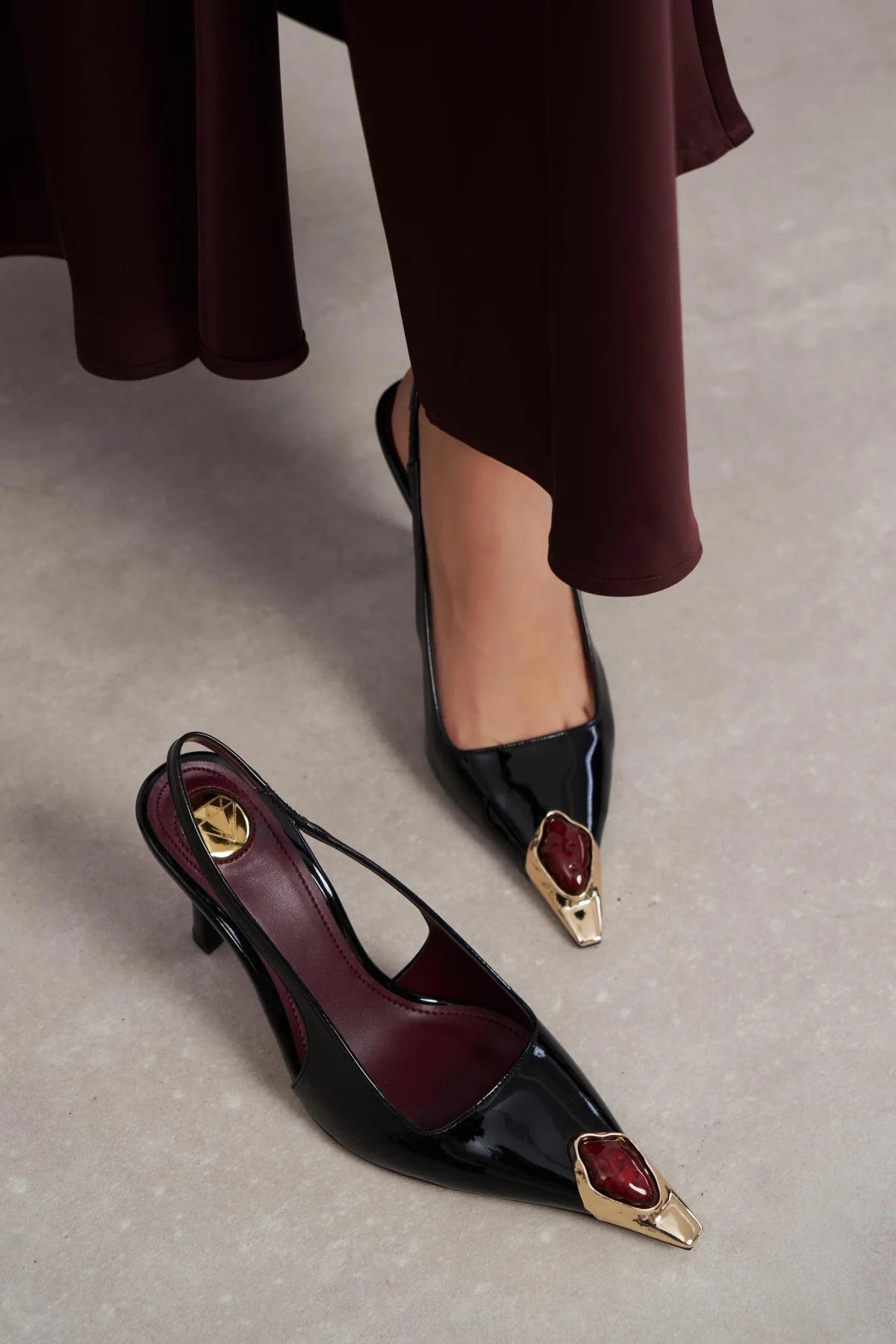 VIPER Black Patent Leather Gold Frame Stone Accessory Pointed Toe Women’s Heel Shoes | FOOTWEAR | Heels | Lebbse VIPER Black Patent Leather Gold Frame Stone Accessory Pointed Toe Women’s Heel Shoes | FOOTWEAR | Heels | Lebbse