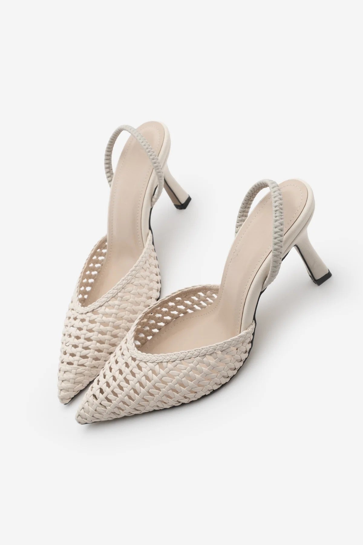ARFES Off-White Handwoven Elastic Strap Pointed Toe Women’s Stiletto Heels