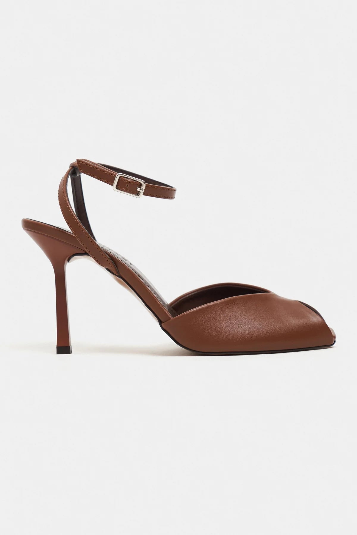 VELORA Tan Matte Square Toe Open Front Ankle Strap Women’s Heeled Shoes
