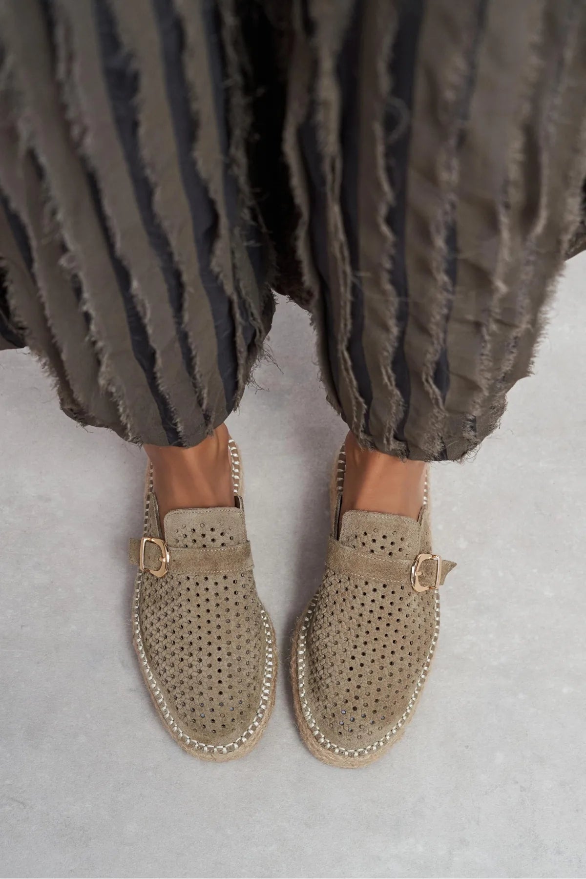 MAREN Rome Beige Suede Leather Laser-Cut Buckle Detail Wedge Sole Women's Espadrille Sandals