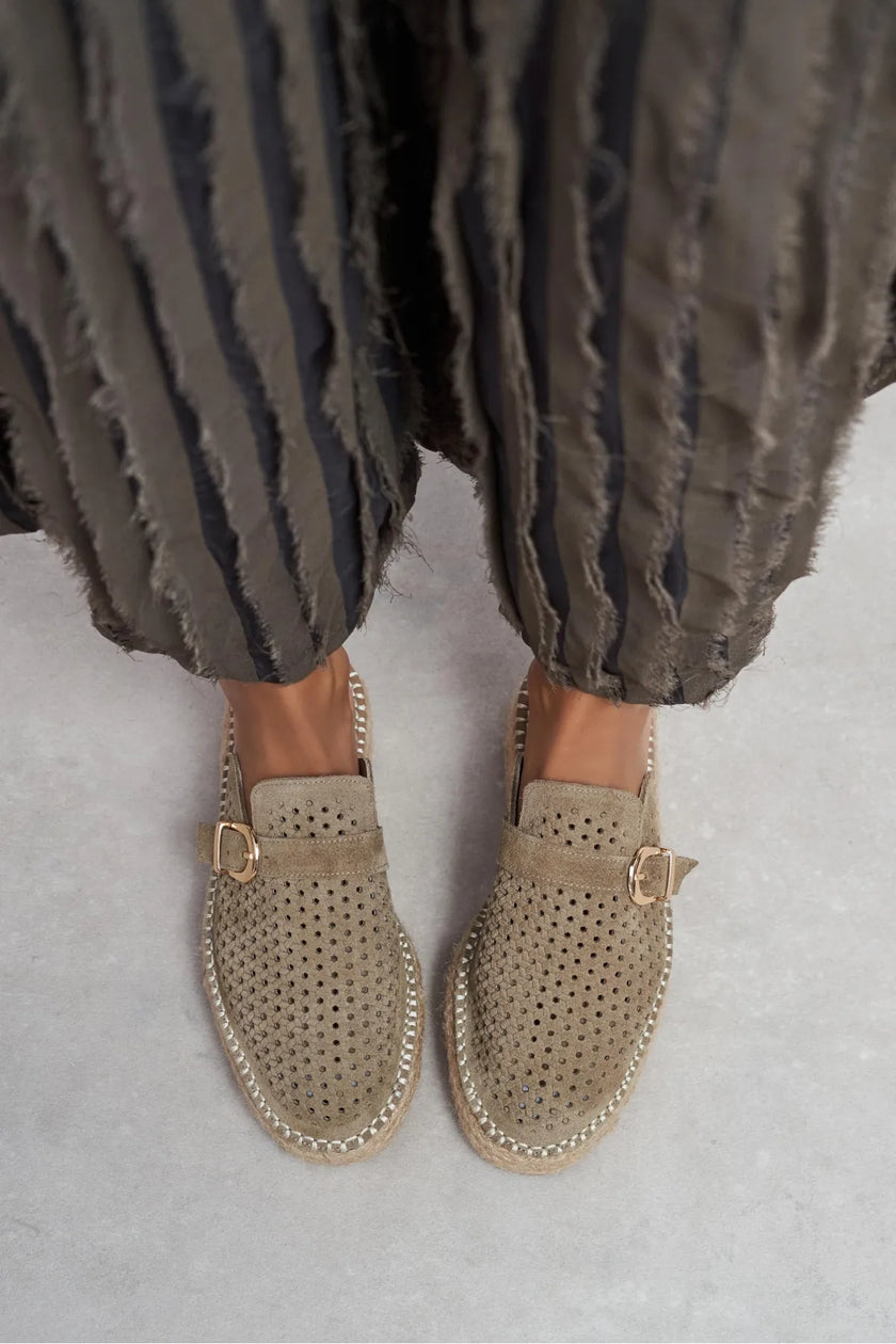 MAREN Rome Beige Suede Leather Laser-Cut Buckle Detail Wedge Sole Women's Espadrille Sandals