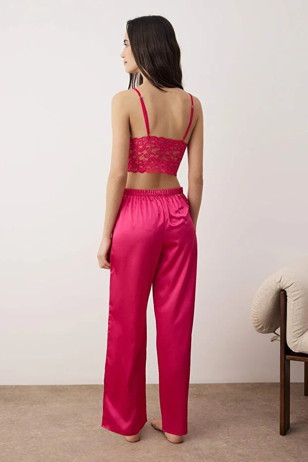 Cherry Plain Lace Satin Weave Pajama Set