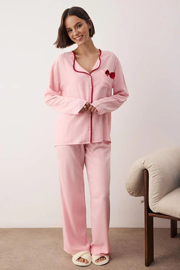 Pink Plain Ribbon Shally Woven Pajama Set