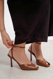 VELORA Tan Matte Square Toe Open Front Ankle Strap Women’s Heeled Shoes
