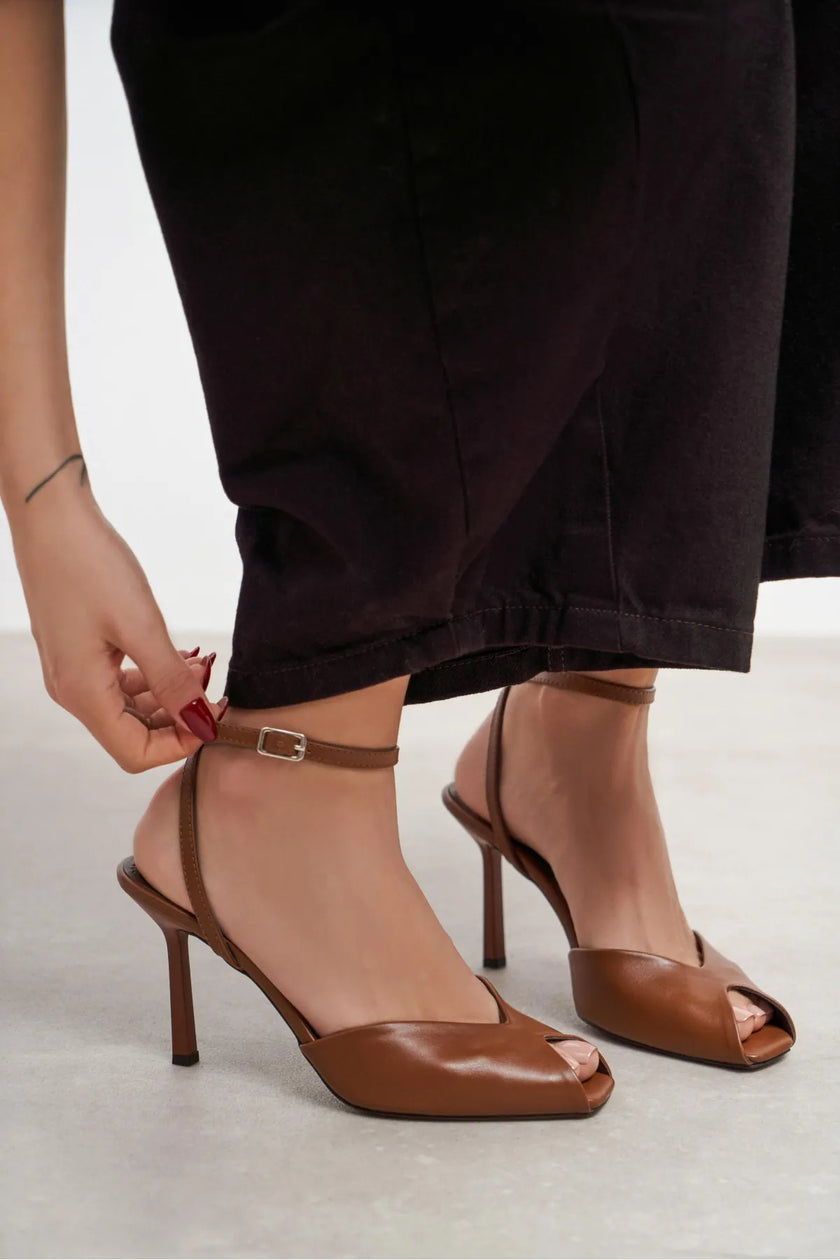 VELORA Tan Matte Square Toe Open Front Ankle Strap Women’s Heeled Shoes