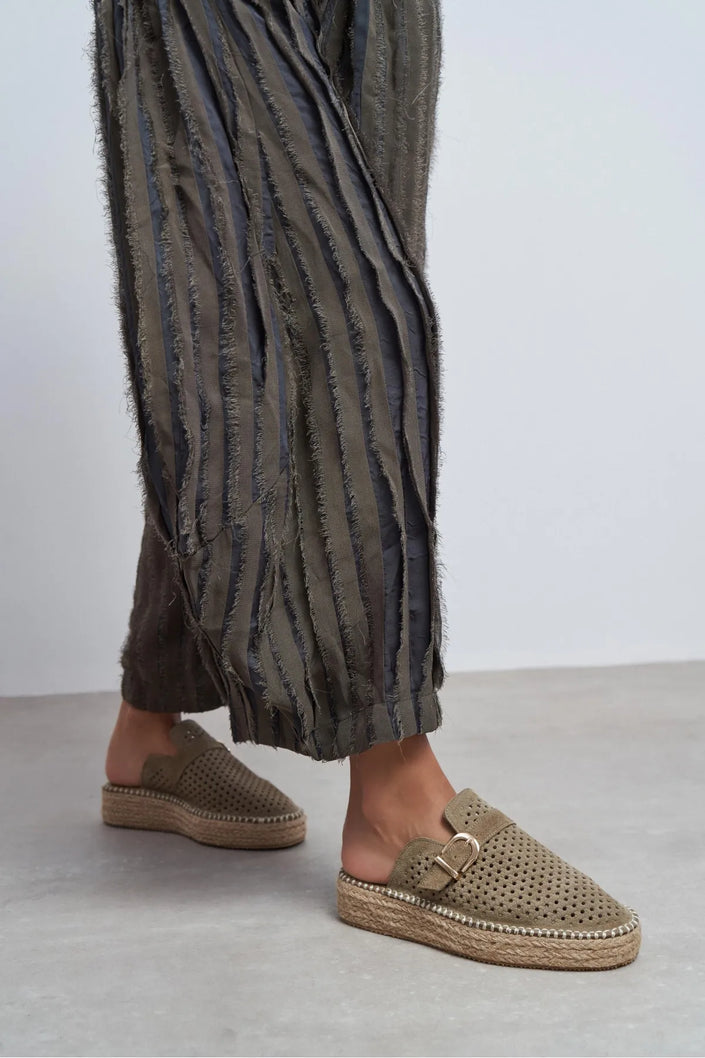 MAREN Rome Beige Suede Leather Laser-Cut Buckle Detail Wedge Sole Women's Espadrille Sandals