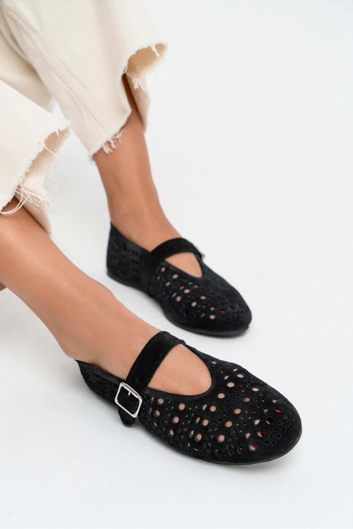 PATTER BLACK SUEDE STUDDED GENUINE LEATHER BUCKLE DETAIL FLAT SOLE WOMEN'S BALLERINA | Flats | FOOTWEAR | Loafers PATTER BLACK SUEDE STUDDED GENUINE LEATHER BUCKLE DETAIL FLAT SOLE WOMEN'S BALLERINA | Flats | FOOTWEAR | Loafers