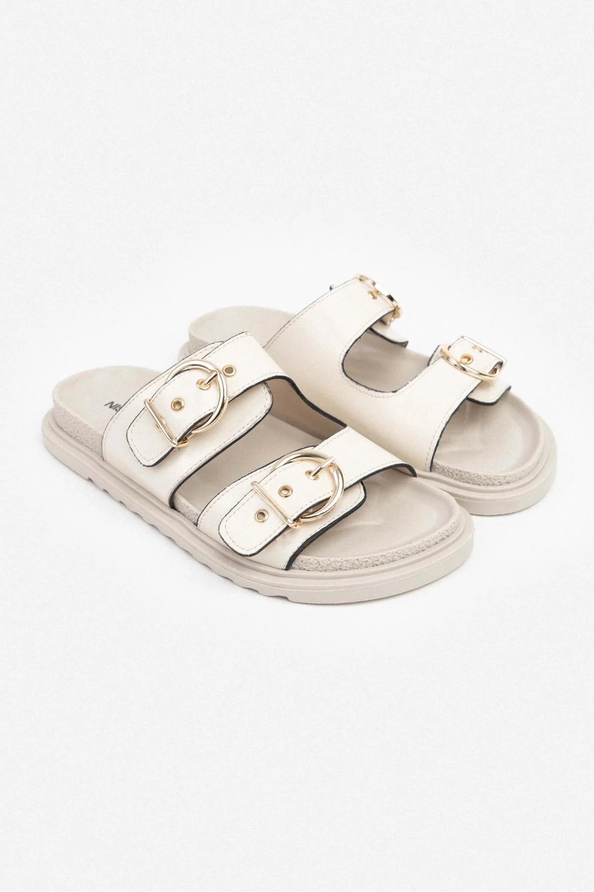 Simon Beige Wrinkled Matte Two Buckled Flat Sole Women's Slippers