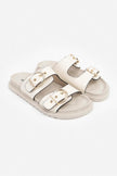 Simon Beige Wrinkled Matte Two Buckled Flat Sole Women's Slippers