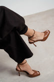 VELORA Tan Matte Square Toe Open Front Ankle Strap Women’s Heeled Shoes
