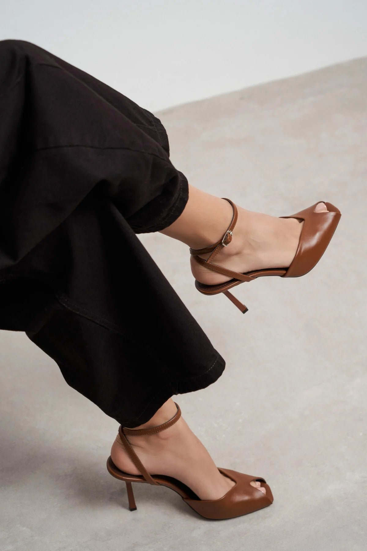 VELORA Tan Matte Square Toe Open Front Ankle Strap Women’s Heeled Shoes
