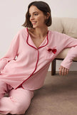 Pink Plain Ribbon Shally Woven Pajama Set