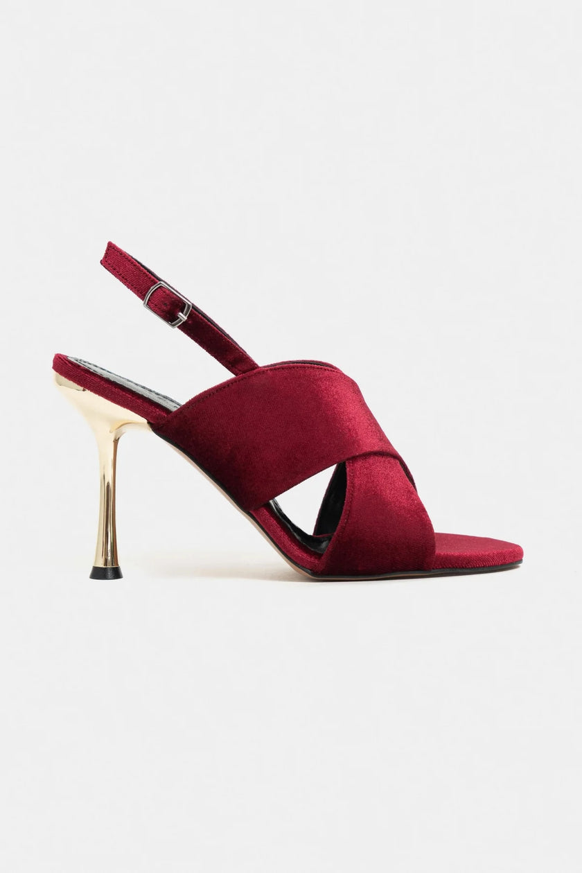 ZOYA Burgundy Velvet Cross Strap Women’s Thin Heel Sandals