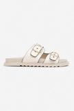 Simon Beige Wrinkled Matte Two Buckled Flat Sole Women's Slippers